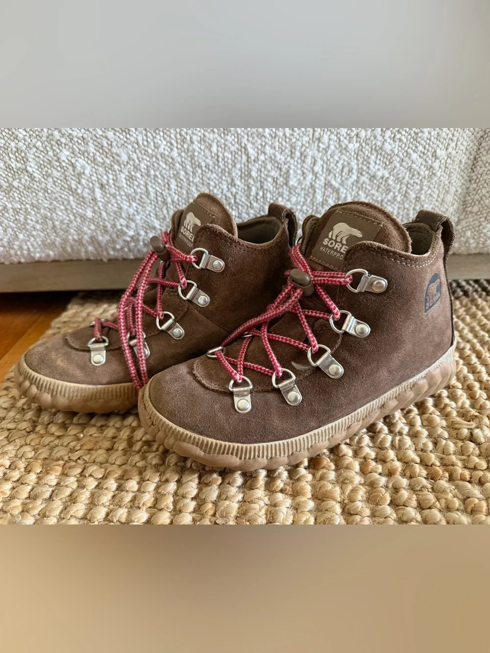 Sorel Kids Brown Suede Waterproof Boots with Pink Laces